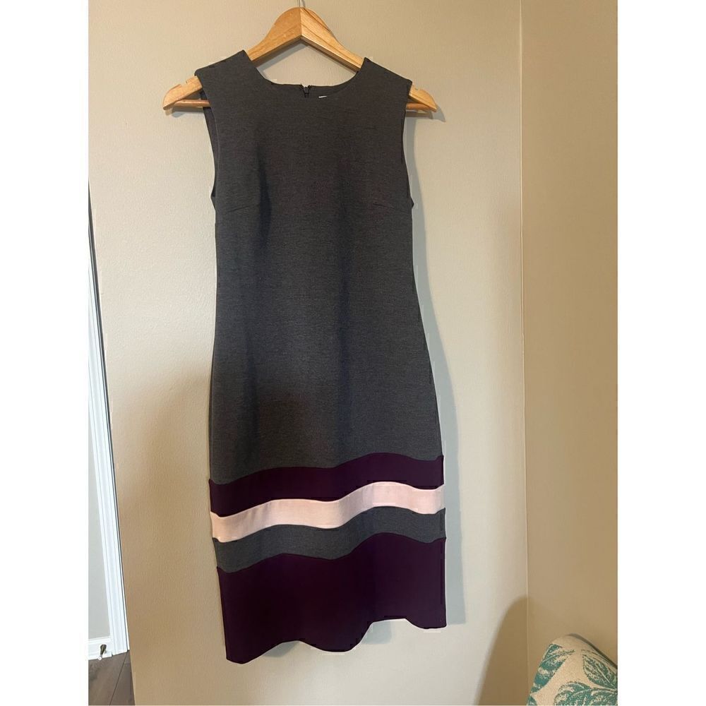 Calvin Klein Women’s Size 4 Bodycon Midi Dress Grey Sleeveless Striped Stretch